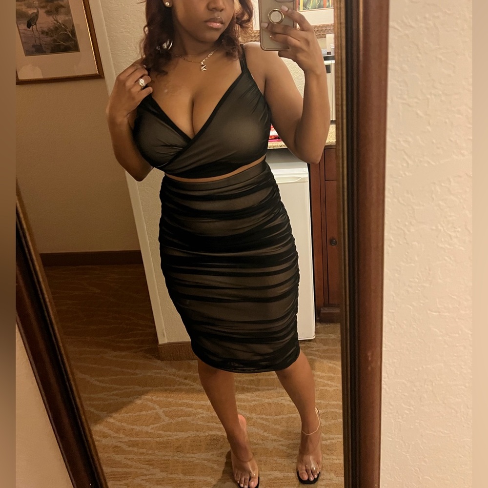 Black Sheer Ruched Two-Piece Set